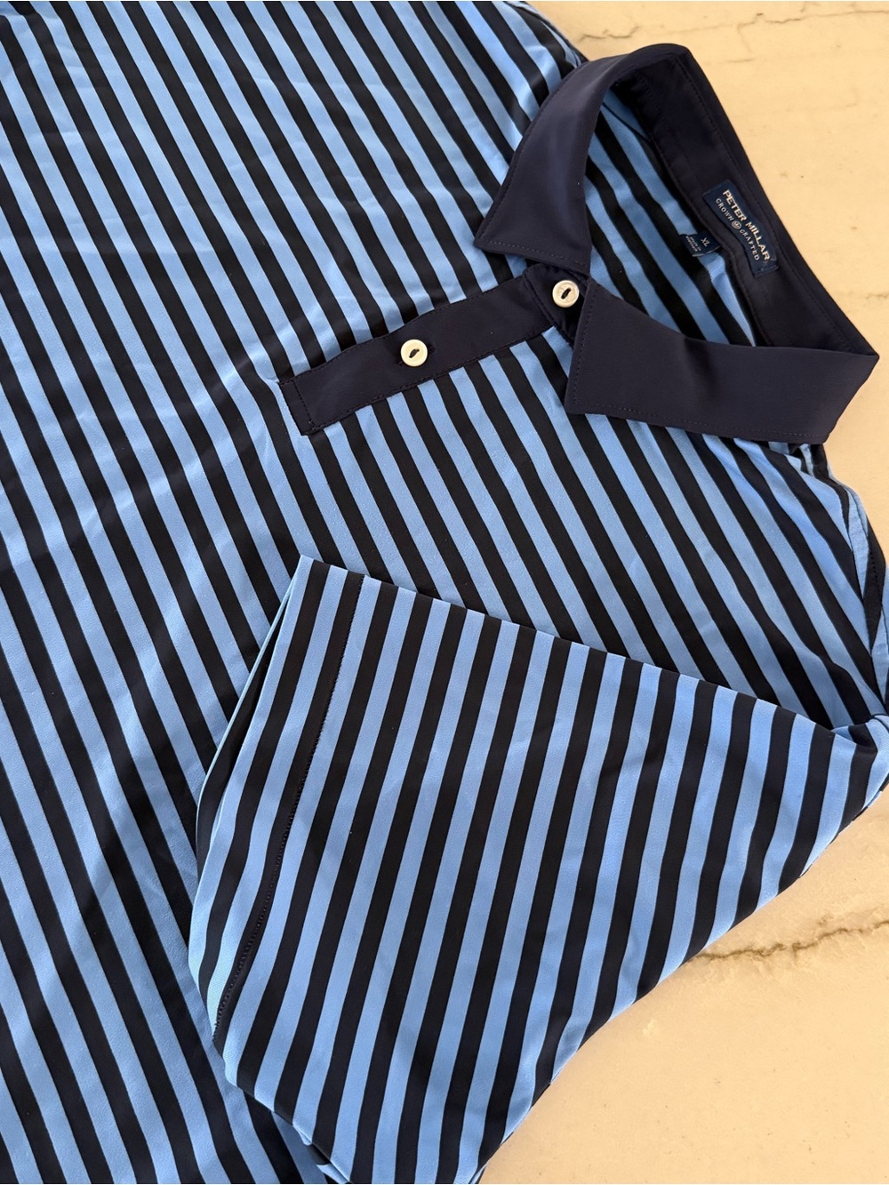 Peter Millar Polo Shirt Mens XL Blue Stripe Golf Crown Crafted Stretch